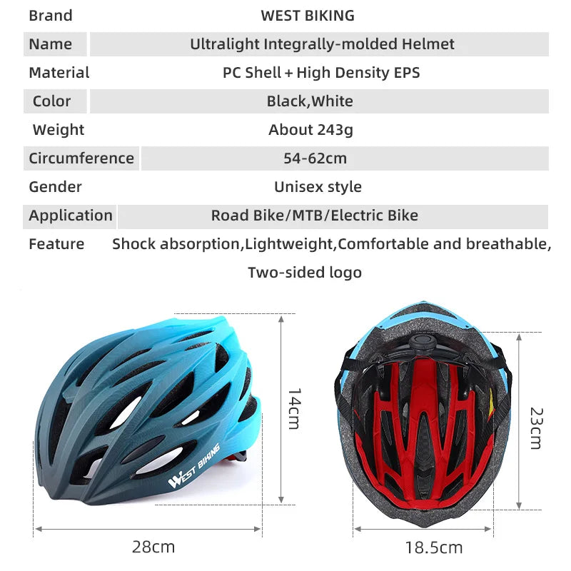 WEST BIKING Bicycle Helmet Men Women MTB Road Safety Integrally-molded Ultralight Helmet Breathable Ajustable Cycling Helmet