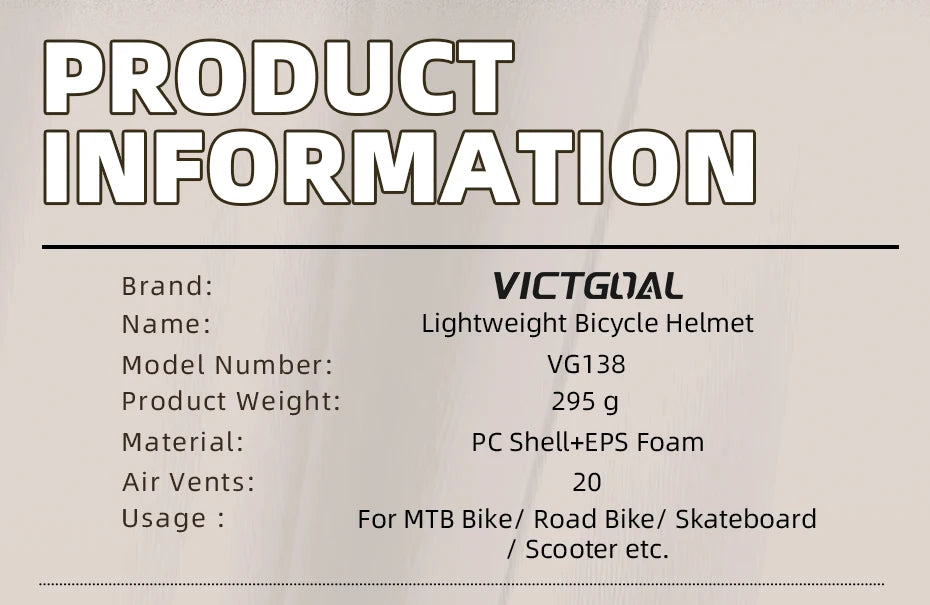 VICTGOAL Cycling Helmet One-piece MTB Road Bike Mountain Bike Helmet Scooter Ultralight Adjustable Helmet