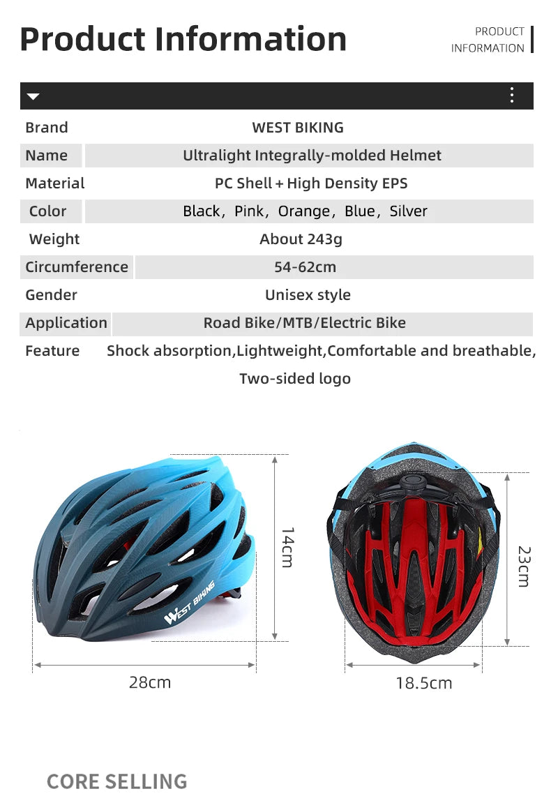 WEST BIKING Bicycle Helmet Men Women MTB Road Safety Integrally-molded Ultralight Helmet Breathable Ajustable Cycling Helmet